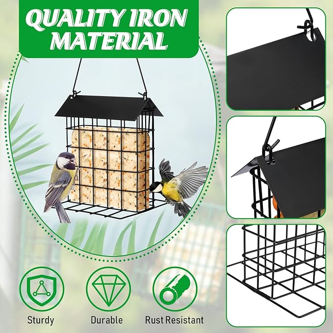 Nuogo 4 Pcs Wild Bird Feeder Squirrel Proof Outdoor Hanging Suet Holder with Metal Roof and Platform Outside Cake Suet Feeder Rainproof Cage for Oriole Hummingbird Chickadee Nuthatch(Black)