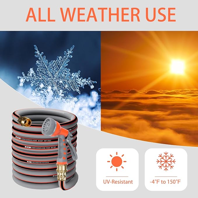 Garden Hose 25 ft 5/8,Rubber Water Hose Heavy Duty, Hybrid Durable Flexible Hose,Lightweight No Kink Hose for Outdoor Yard Lawn with Sprayer Nozzle and 3/4''Brass Solid Fittings