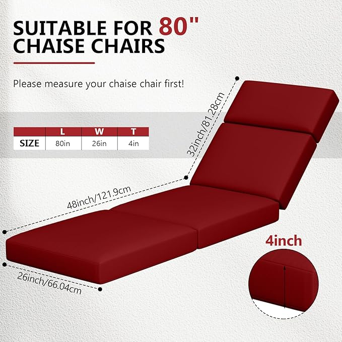 4 Pcs Chaise Lounge Cushions Outdoor, 80 x 26 x 4 Inch Lounge Chair Cushions for Outdoor Furniture - Waterproof Lounge Patio Replacement Cushion, 4In Fade-Resistant ThickPatio Chaise Lounge Cushion
