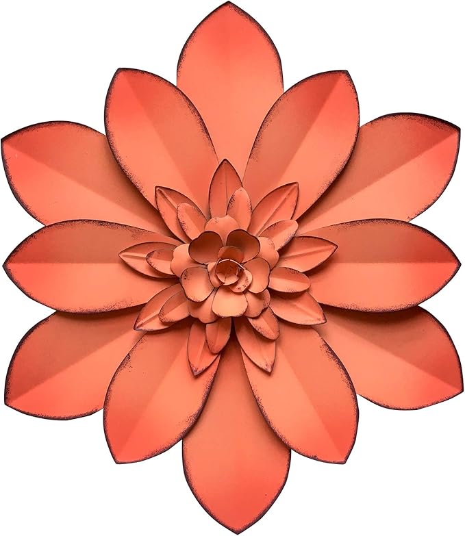 Pink Metal Flower Wall Art Decor, 11“ Rustic Modern Floral Sculpture, Distressed Hanging Home Decoration Accent Artworks for Indoor Bedroom Living Room Office Outdoor Garden Patio
