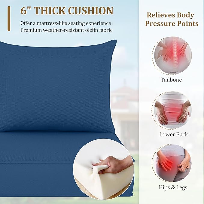 Outdoor Deep Seat Cushion Set, Fade Resistant Patio Chair Cushions, 24x24x6 Inch Patio Sofa Furniture Pad with Removable Cushion Covers (Navy Blue, 24''Lx24''Wx6''H-1pcs Set)