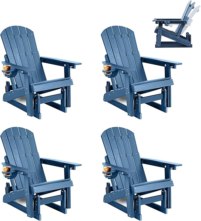 3-Position Adjustable Adirondack Chair with Cup Holder Set of 4, HDPE All-Weather Outdoor Glider Chair, Wood-Grain Fire Pit Chairs for Pool, Yard, Deck (Blue)