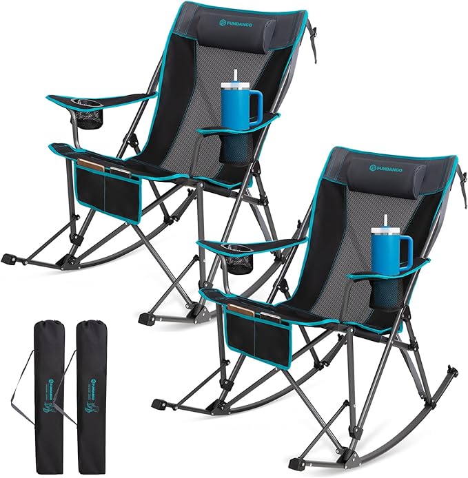 FUNDANGO Oversized Rocking Camping Chair for Adults, 2 Pack Portable Folding Lawn Chairs for Outside with Pillows, Wide Armrest, 2 Cup Holders, Carry Bag for Patio Garden Outdoor Supports 300Lbs