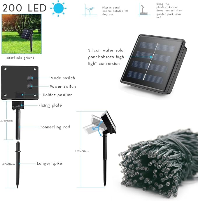 Solar String Lights Outdoor - 200LED 72Ft 8 Modes Waterproof Starry Fairy Lights for Patio Garden Wedding Party Christmas Decor (Warm White)