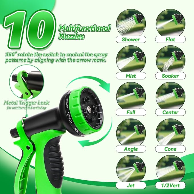 Non-Expanding Garden Hose 100FT, Lightweight Flexible Hose with 10 Function Nozzles, Leak-Proof Metal Interface, Kink Free, Wear-Resistant, Outdoor Long Hose Pipe for Car Wash, Yard, Lawn