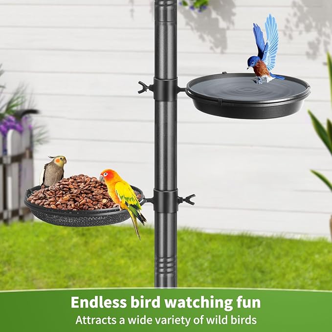 Bird Feeder Pole, 76 Inch Bird Feeding Station, Heavy Duty Shepherd Hooks for Outdoors Hanging Birds Feeders, 4 Hook Hummingbird Feeder Stand with Birds Bath, Mesh Tray