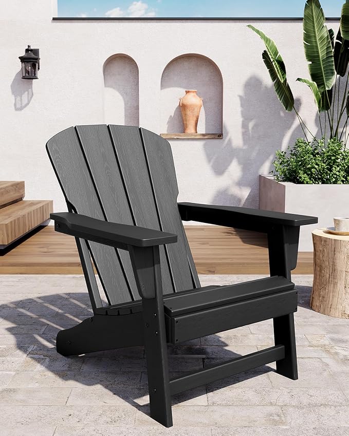Modern HDPE Plastic Adirondack Chair - Oversize 380 LB Poly Lumber Weather Resistant Firepit Chair - Outdoor Patio Chairs with Wooden Textured for Garden, Backyard, Lawn, Deck, Pool, Porch - Black