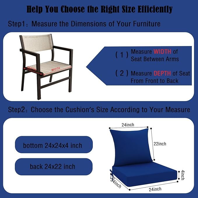 idee-home Outdoor Cushions for Patio Furniture, Outdoor Seat Cushion, Waterproof Hampton Bay Deep Seat Replacement Couch Chair Cushions for Garden Lawn Backyard Deck, 24 x 24 Navy Bue