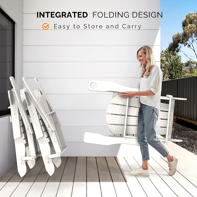 VINGLI Folding Adirondack Chair with Ottoman, Waterproof Plastic HDPE Firepit Chair for Outside with Hidden Footrests, Foldable Ergonomics Seating for Patio Porch Yard Garden(White)
