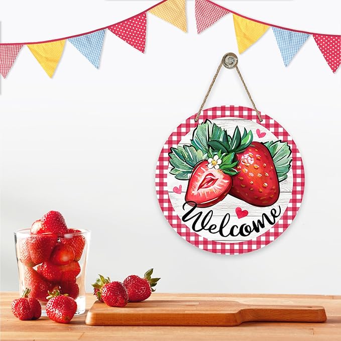 Deroro Welcome Spring Summer Strawberry Front Door Sign, Red Fruit Plaid Check Wood Door Hanger Outdoor Outside Porch Decor, Farmhouse Rustic Wooden Wreath Indoor Wall Hanging Decoration