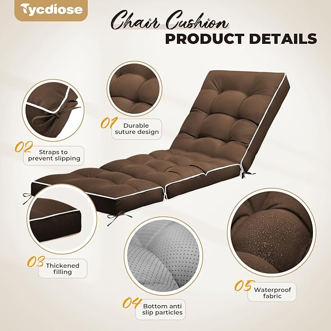 Outdoor Chaise Lounge Chair Cushion, Waterproof Non-Slip Patio Chaise Lounge Cushions for Outdoor Furniture, Thickened Patio Pool Lounger Chair Cushion, 76.4 x 22.8 x 4.7 Inches, Brown