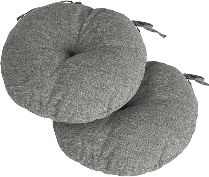 Magpie Fabrics Outdoor 15"x15"x4" Round Bistro Seat Cushions with Ties Set of 2, Tufted Waterproof Patio Floor Chair Pads for Home Garden Balcony Kitchen Office Porch, Heather Grey