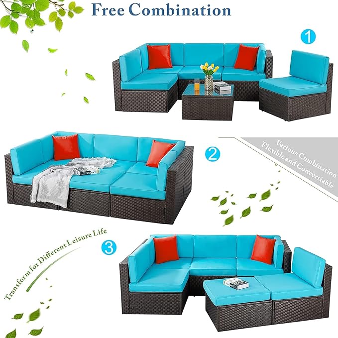 Vongrasig 7 Piece Patio Furniture Sets with 45 Inch Fire Pit Table All Weather PE Wicker Rattan Outdoor Sectional Sofa Couch Conversation Set w/Glass Table for Lawn, Garden, Backyard (Blue)