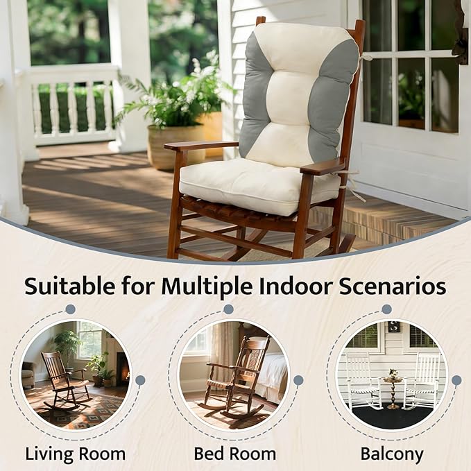 mudilun Rocking Chair Cushion Non-Slip Indoor Adirondack Chair Cushions with Ties Tufted Adirondack Chair Pads for Bedroom Living Room Porch Rocker (Indoor-Gray-White)