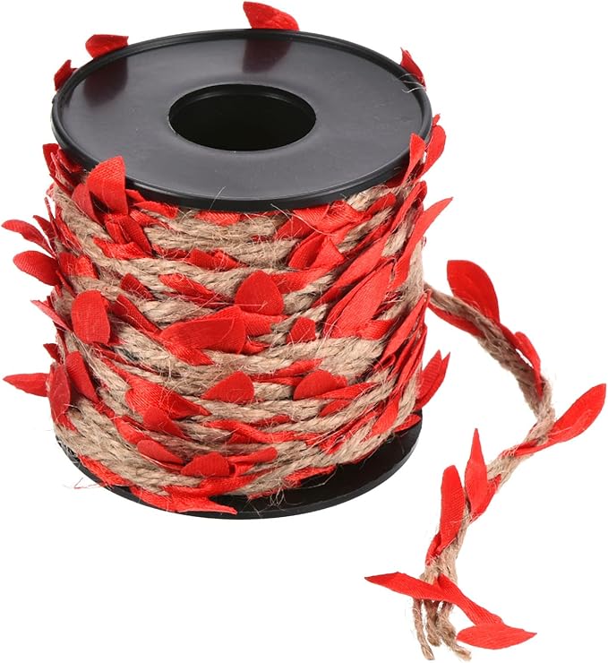 PATIKIL 33ft 5mm Burlap Leaf Ribbon, Braided Decoration Vine Natural Jute Rope Twine with Artificial Leaves for Jungle Wedding Party Home Garden Decor, Red