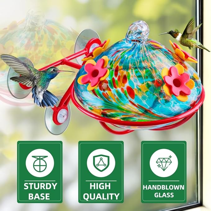 Window Hummingbird Feeder - Hand Blown Glass Mounted Hummingbird Feeder with Strong Suction Cups for Outdoor Window Mount (Blue)