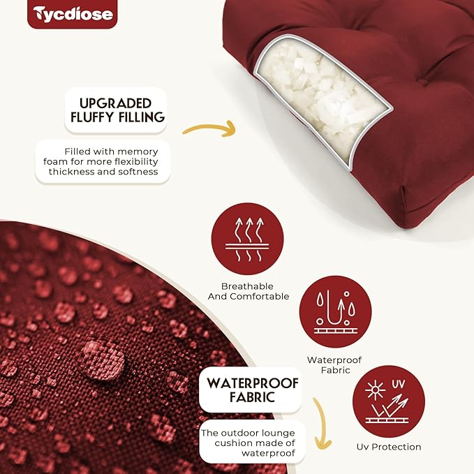 All Weather Chaise Lounge Cushions Outdoor Lounge Chair Cushion, Waterproof Memory Foam Chaise Lounger Chair Cushion Replacement for Outdoor Patio Furniture with Non-Slip Back and Ties, Red