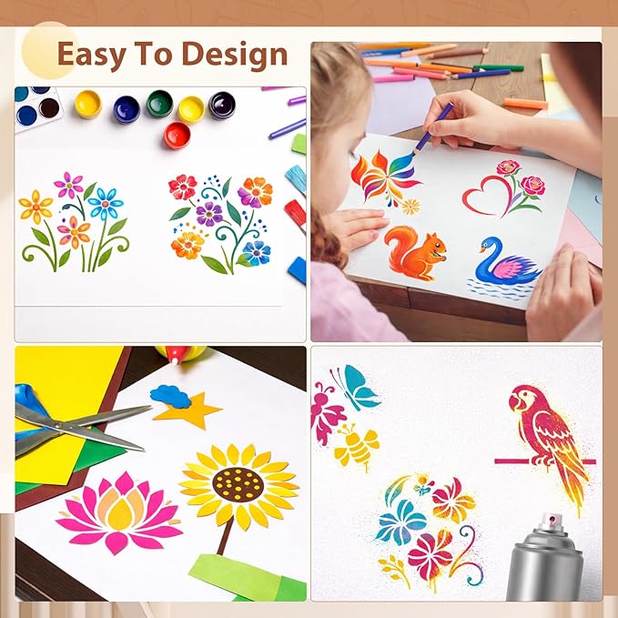 Marspark 72 Pcs Spring Easter Small Stencils for Crafts Reusable 3 Inch Stencils for Painting on Wood DIY Craft Paint Template for Wall Home Decor Card Rock Canvas Drawing Holiday (Flower Plants)