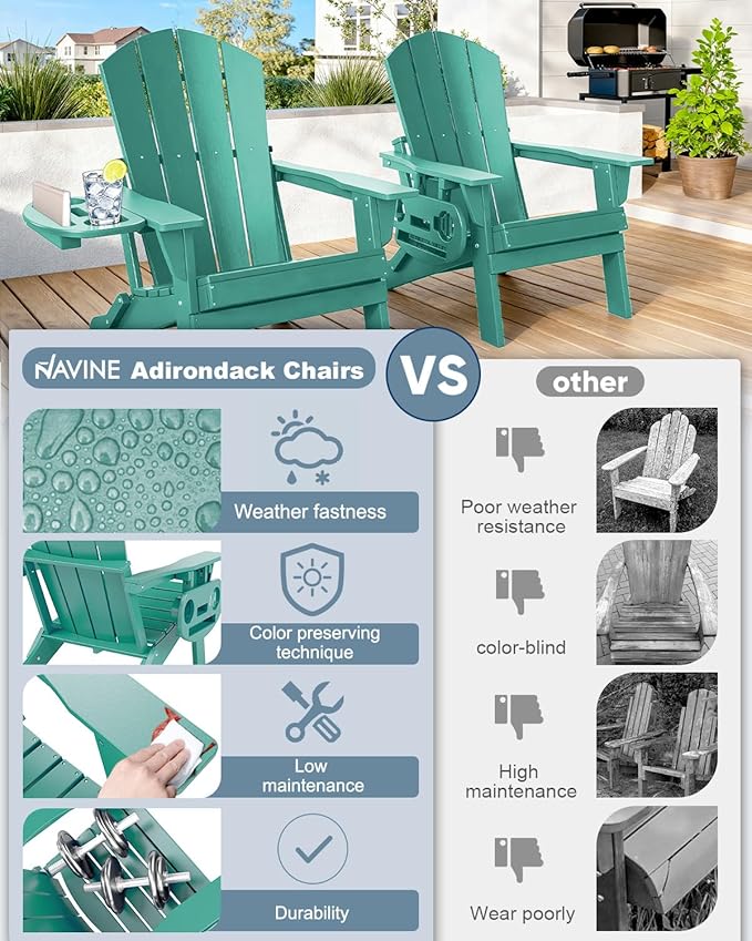 Adirondack Chair Set of 4, HDPE Folding Adirondack Chair with Multifunctional Cup Holder, Weather Resistant Fire Pit Chair for porches, patios, poolsides, Decks.