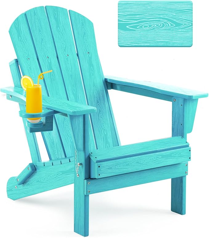Folding Adirondack Chair Wood Texture, Patio Chairs Weather Resistant, Outdoor Chair, Lawn Chair with Cup Holder, Fire Pit Chair for Deck, Outdoor, Porch, Backyard