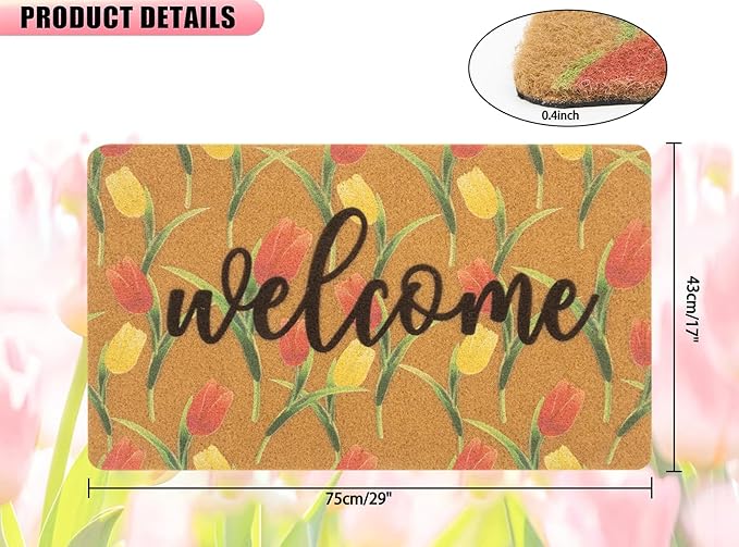 Tulip-Welcome-Doormat for Indoor Outdoor Entrance Floral-Spring-Door-Mat Non Slip Coir Seasonal Doormat for Spring Easter Home Decor 17 x 29 Inches