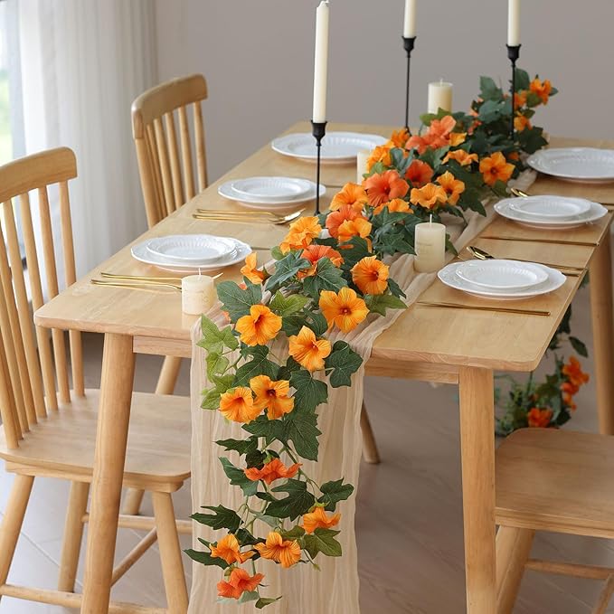 Mizii Artificial Petunias Flower Vines Garland 6 Feet Orange Faux Morning Glory Silk Flowers Garland UV Resistant Fake Hanging Vines Plants Decorations for Outdoor Garden Indoor Home Decor (Orange)
