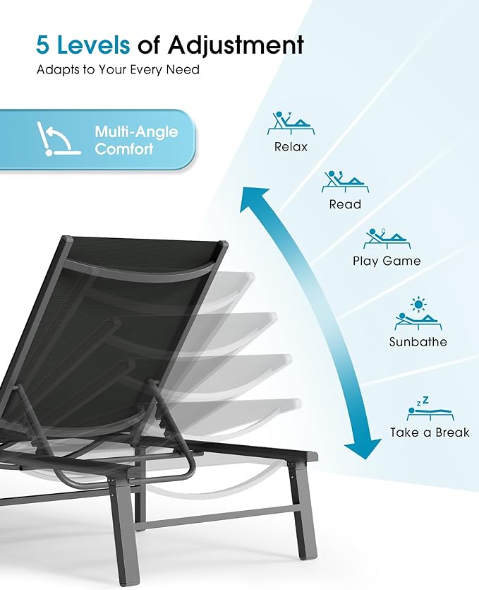 Ciokea Foldable Outdoor Lounge Chair, No Assembly Patio Chaise Lounge Outdoor with 5-Positions, Aluminum Pool Lounge Chair with Portable Design for Pool, Beach, Deck, Backyard, Black
