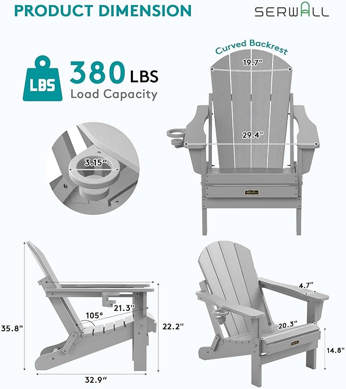 SERWALL Folding Adirondack Chair for Patio Garden Outdoors Fire Pit- Spanish Gray