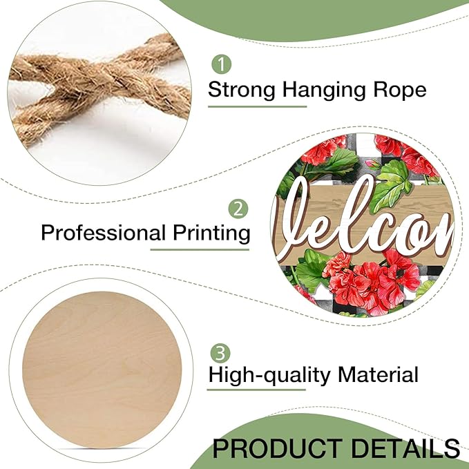 Deroro Welcome Spring Summer Geranium Flower Front Door Sign, Red Floral Buffalo Plaid Check Wood Door Hanger Outdoor Outside Porch Decor, Farmhouse Rustic Wooden Wreath Indoor Wall Hanging Decoration
