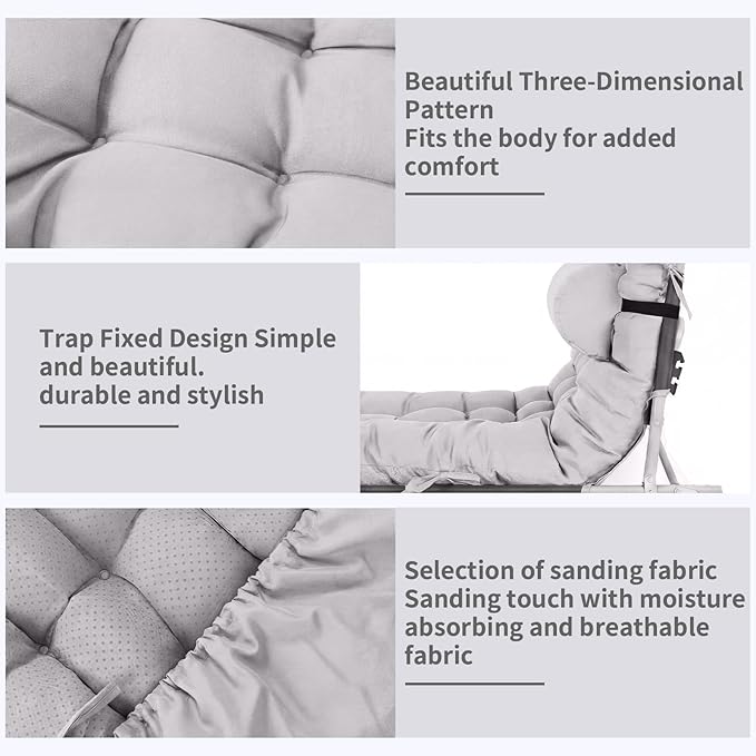 Tudomro 2 Pcs Light Gray 66'' Outdoor Chaise Lounge Cushion Waterproof Patio Lawn Pool Chaise Lounge Cushion with Headrest Pillow & Ties Weather Fade Resistant Replacement Longue Chair Pad
