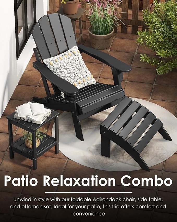 GREENVINES Folding-Adirondack-Chairs-Set-of-6 | HDPE Plastic | Fire Pit Chair | All Weather | Cup Holder | Black | for Deck Backyard Patio Outdoor Garden