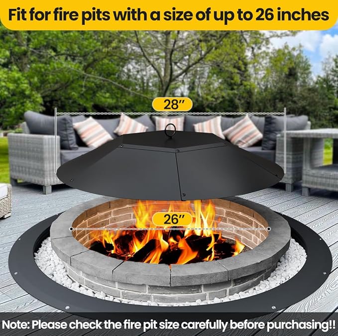 28-inch Round Fire Pit Lid - Metal Fire Pit Lid with Handle & Poker, Fit for Fire Pits up to 26", Heavy-Duty Outdoor Fire Pit Accessory (Black, 28 inch)