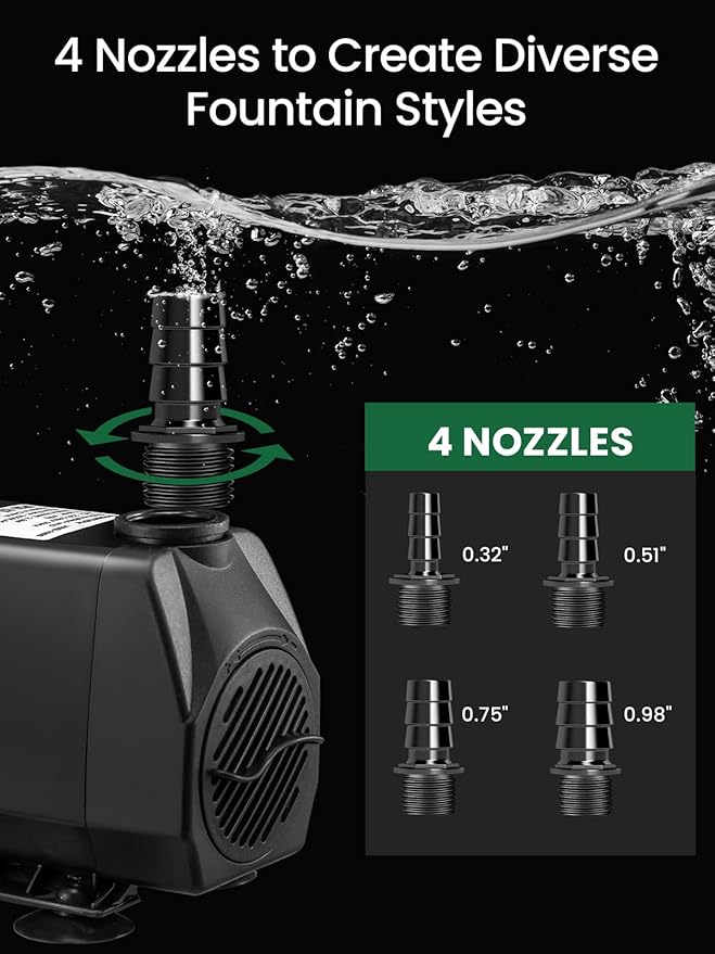 GROWNEER 950GPH Submersible Pump 50W Ultra Quiet Fountain Water Pump 3600L/H, with 9.8ft High Lift, 4 Nozzles for Aquarium, Fish Tank, Pond, Hydroponics, Statuary, Garden, Black (950GPH)