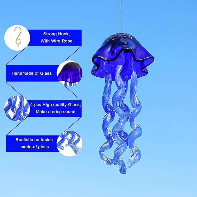 20Inch Art Blown Glass Jellyfish Wind Chime,Handmade Glass Jellyfish Hanging Sun Catcher Wind Chime,Wind Chimes for Outdoor,Animal Glass Blown Wind Chimes for Garden Yard Wedding Decor(Royal Blue)