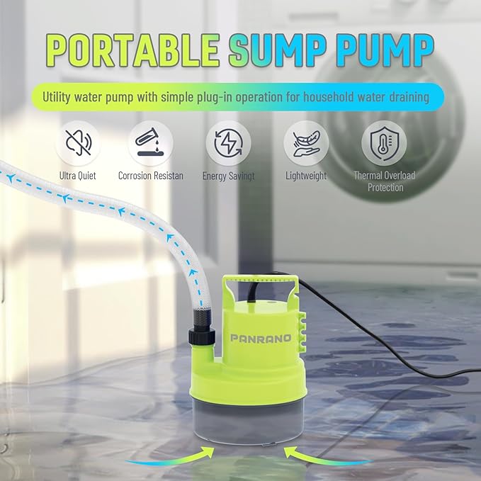 1 HP Submersible Water Pump 3500 GPH Portable Small Sump Pump For Pool Cover, Basements, Puddles, Gardens Ponds With 16.4 Ft Power Cord and Hose Adapters, Yellow