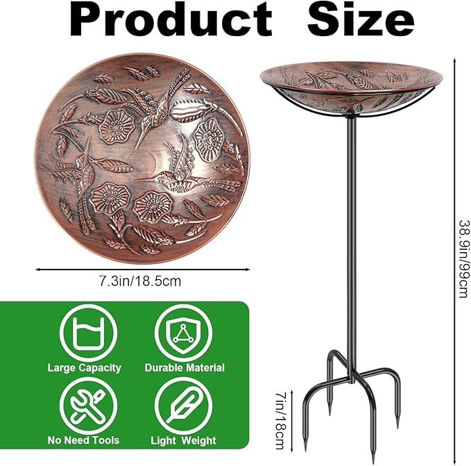 Metal Bird Bath for Outside, Vintage Freestanding Birdbaths & Birdfeeder, Bird Baths Feeder Bowl for Outdoors Garden Patio Yard Lawn Decor (Retro Copper)