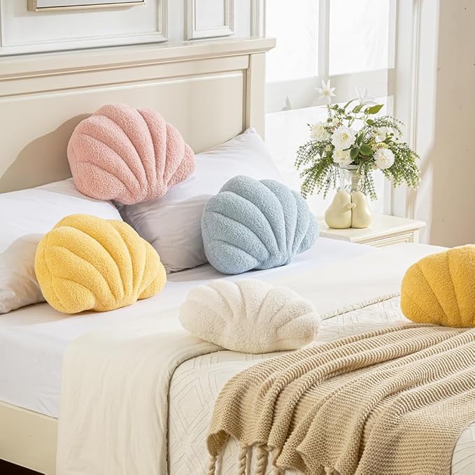 Seashell Throw Pillows Shell Shaped Pillow White Sea Shell Pillows for Bed Seashell Decorative Pillow Soft Plush Pillow Sea Couch Decoration(18 X 13 inch)