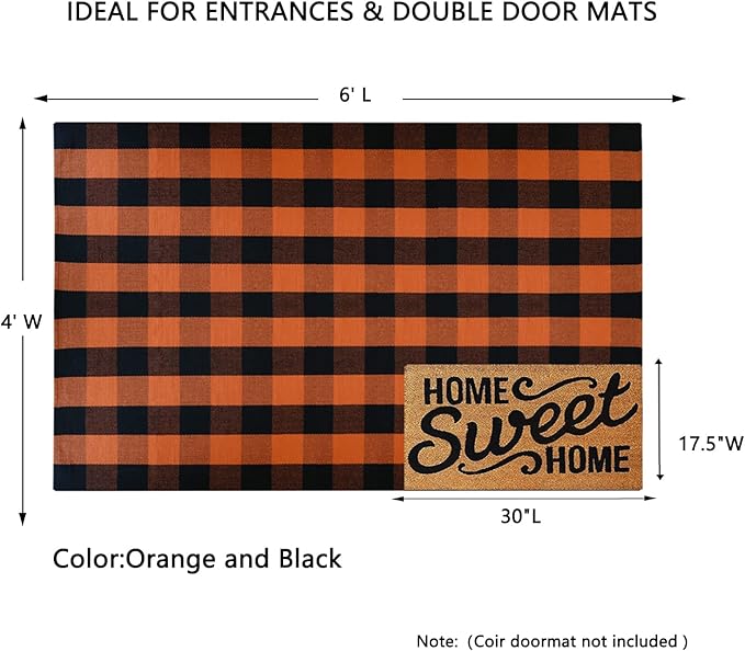 MUBIN Cotton Orange and Black Plaid Rug, 4 x 6 Ft Fall Outdoor Front Door Decorative Mat, Hand-Woven Rug for Layered Door Mats Washable Carpet for Porch, Entryway, Farmhouse, Autumn, Halloween