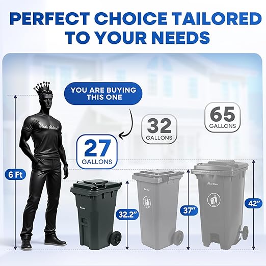 27 Gallon Outdoor Trash Can with Lid and Wheels Small Wheeled Outdoor Garbage Cans Storage Outside Heavy-Duty Rolling Trash Bin for Home Office Commercial Use, Plastic Gray 2 Pack