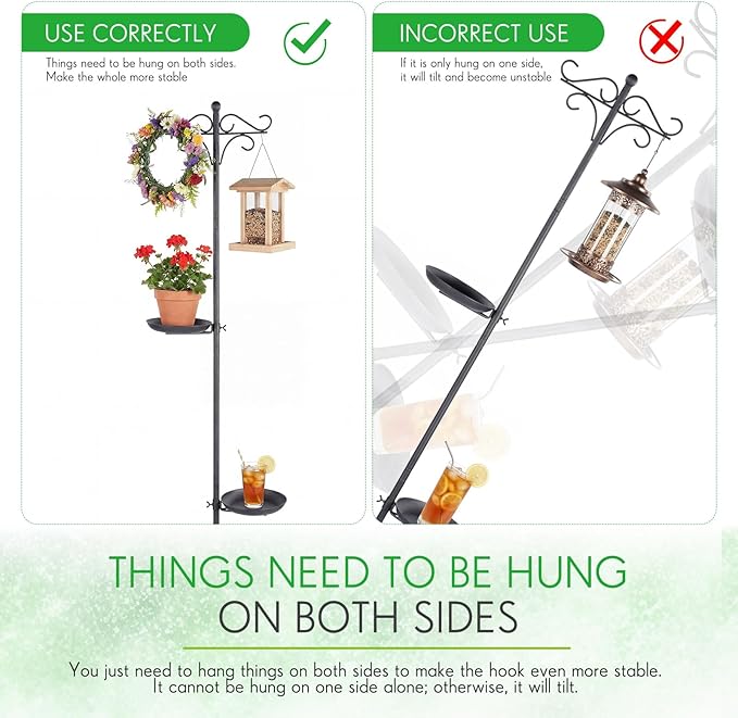 1 Set Upgraded 75.9" Shepherds Hook for Bird Feeder, Hanging Plant Wind Chime Stand, Metal Adjustable Standing Pole Holder for Indoor Outdoor, with 2 Rack & Weight Bag (Retro 2 Hooks)