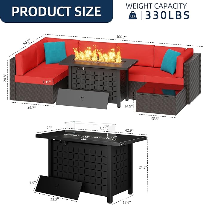 Vongrasig 7 Piece Patio Furniture Sets with 45 Inch Fire Pit Table All Weather PE Wicker Rattan Outdoor Sectional Sofa Couch Conversation Set w/Glass Table for Lawn, Garden, Backyard (Red)