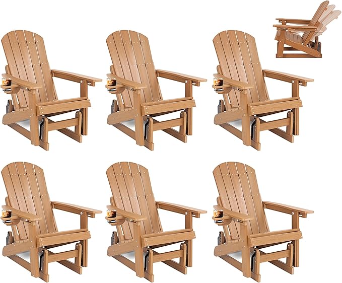 3-Position Adjustable Adirondack Chair with Cup Holder Set of 6, HDPE All-Weather Outdoor Glider Chair, Wood-Grain Fire Pit Chairs for Pool, Yard, Deck (Rustic Teak)