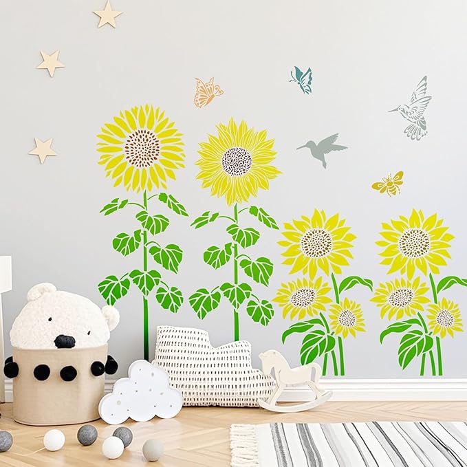 Large Sunflower Stencil Fence Stencils for Outdoors Reusable Floral Templates Large Flower Stencils for Painting on Wood Fence Garden Wall Mural DIY Crafts Canvas Fabric Furniture(sunflower9)
