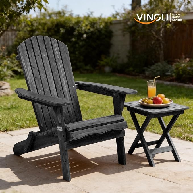 VINGLI Folding Adirondack Chairs Set of 1, Wood Adirondack Chair for Outdoor, Foldable Fire Pit Chairs for Patio, BBQ, Porch, Yard, Pool, Black