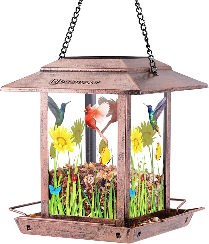 Solar Bird Feeders for Outdoors - 2.5 LBs Metal Wild Large & Small Bird Feeder for Outside Hanging, Gift Ideas for Avian Enthusiast Garden Yard Seeds (Chew-Proof, Weather Resistance)