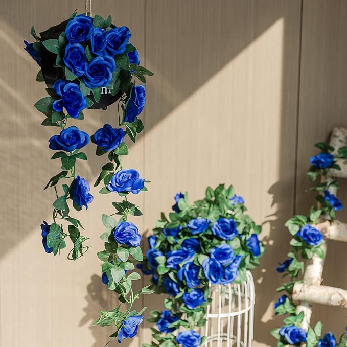 2 Pack (16FT) Artificial Rose Vine Fake Flowers Garland Hanging Silk Rose Ivy Plants Vine for Father's Day,Wedding Arch Party Garden Home Aesthetic Art Décor (Royal Blue)