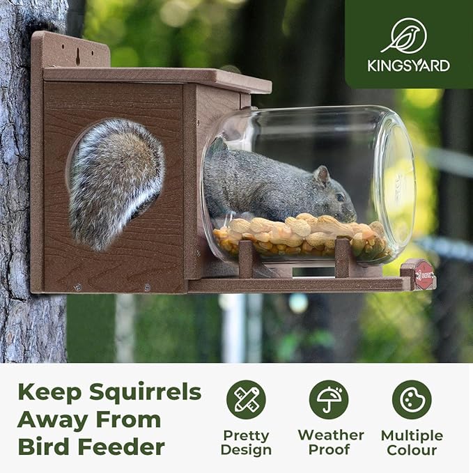 Kingsyard Recycled Plastic Squirrel Feeder for Outside, Squirrel Feeder Box with Peanuts Corn Storage Jar, Sturdy & Durable, Weatherproof (Brown)