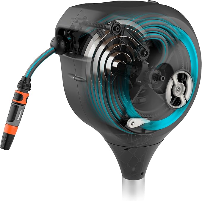 GARDENA 18614 | 66' x 1/2" Automatic Retractable Garden Hose Reel on Metal Spike, Outside Garden Hose with 360° swivel. No Holes in your house, Easy Installation, No Tools Required