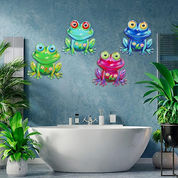 Metal Frog Wall Decor, 4Pcs Frog Iron Wall Art Sculptures Art Frogs Wall Hanging Sculpture Decoration.Outdoor Fence Art for Home Garden, Fence, Patio, Yard, Bedroom Outside Gifts for Adults