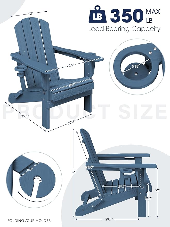 KINGYES Folding Adirondack Chair with Dual Cup Holders - HDPE All-Weather Outdoor Chairs, Wood-Like Patio Chair for Backyard, Camping, Pool & Fire Pit, Navy